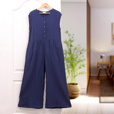 Cotton jumpsuit, 'Roman Holiday in Navy' - Double Cotton Gauze Jumpsuit from Thailand