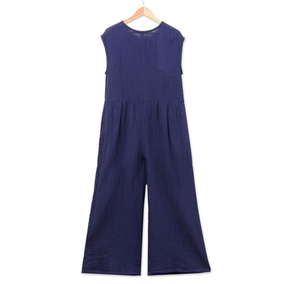 Double Cotton Gauze Jumpsuit from Thailand - Roman Holiday in Navy | NOVICA