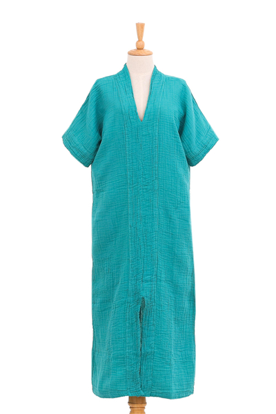 Sea Green Cotton V-Neck Long Crinkle Cotton Dress