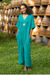 Cotton shift dress, 'Leisurely Sea Green' - Sea Green Cotton V-Neck Long Crinkle Cotton Dress (image 2b) thumbail