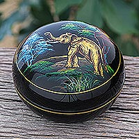 Lacquerware wood box, 'Painted Elephant' - Hand Made Lacquerware Box with Elephant Motif