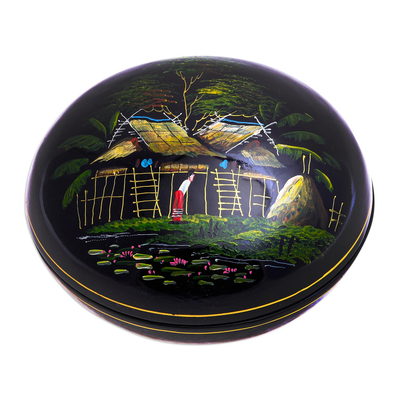 Lacquerware wood box, 'Village Life' - Hand-Painted Lacquerware Wood Box