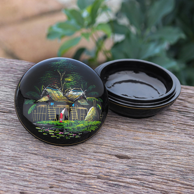 Lacquerware wood box, 'Village Life' - Hand-Painted Lacquerware Wood Box