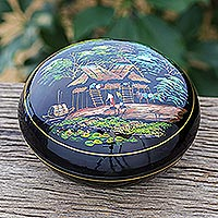 Lacquerware wood box, 'Countryside Visit' - Lacquerware Mango Wood Box from Thailand