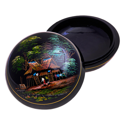 Lacquerware wood box, 'Countryside Visit' - Lacquerware Mango Wood Box from Thailand