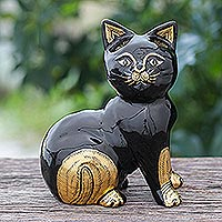 Gold-accented wood statuette, 'Tom Cat'