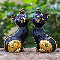 Gold-accented wood sculptures, 'Patient Paws' (pair) - Hand Carved Sculptures with Gold Accent (Pair)