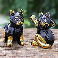 Gold-accented wood sculptures, 'Playful Paws' (pair) - Wood and Gold Foil Cat Sculptures (Pair)
