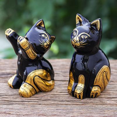 Esculturas de madera con detalles dorados (par) - Esculturas de gatos con detalles dorados de Tailandia (par)