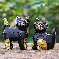 Gold-accented wood sculptures, 'Curious Kitties' (pair) - Handcrafted Wood and Gold Foil Cat Sculptures (Pair)