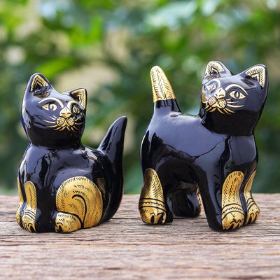Esculturas de madera con detalles dorados (par) - Esculturas de gatos hechas a mano en madera y papel de aluminio dorado (par)