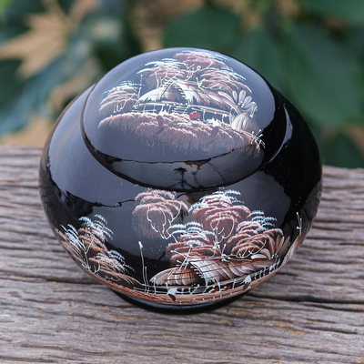 Lacquerware wood box, 'Early Morning Scene' - Hand-Painted Mango Wood Box from Thailand