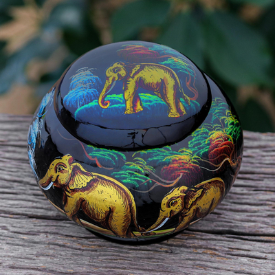 Lacquerware wood box, 'Wise Wanderer' - Hand Painted Decorative Box with Elephant Motif
