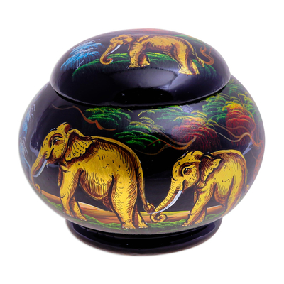 Lacquerware wood box, 'Wise Wanderer' - Hand Painted Decorative Box with Elephant Motif