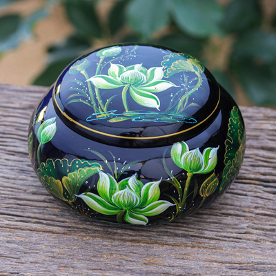 Lacquerware wood box, 'Green Lotus Lake' - Thai Mango Wood Box with Lotus Motif