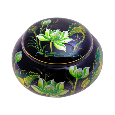 Lacquerware wood box, 'Green Lotus Lake' - Thai Mango Wood Box with Lotus Motif