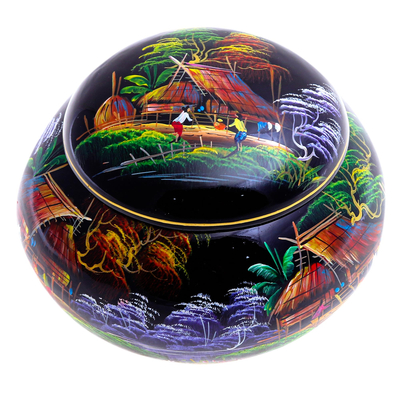 Lacquerware wood box, 'Night in the Country' - Hand-Painted Lacquerware Box with Nature Motif