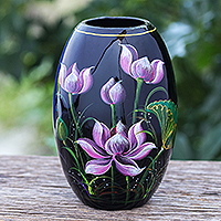 Lacquerware wood vase, 'Scented Lotus' - Decorative Lacquerware Vase with Lotus Motif