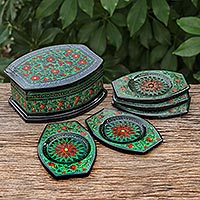 Lacquerware wood coasters, 'Keep Company' (set of 5) - Lacquerware Mango Wood Coasters (Set of 5)