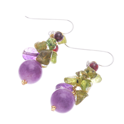 Multi-gemstone dangle earrings, 'Violet Forest' - Thai Peridot and Amethyst Dangle Earrings