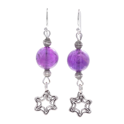 Amethyst dangle earrings, 'Center Stage in Purple' - Amethyst Dangle Earrings with Star Motif