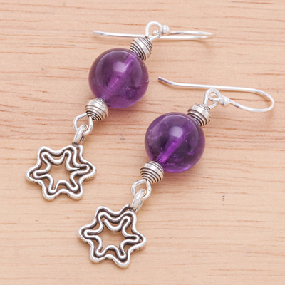Amethyst dangle earrings, 'Center Stage in Purple' - Amethyst Dangle Earrings with Star Motif