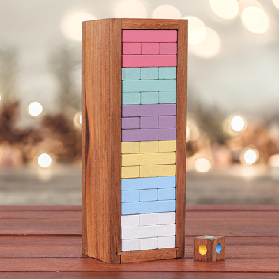 Wood puzzle, 'colourful Balance in Large' - Handmade Raintree Wood Stacking Puzzle
