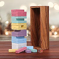 Holzpuzzle, „Colorful Balance in Medium“ – Stapelpuzzle aus thailändischem Raintree-Holz