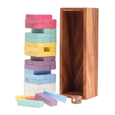 Wood puzzle, 'Colorful Balance in Medium' - Thai Raintree Wood Stacking Puzzle