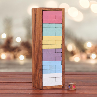 Wood puzzle, 'Colorful Balance in Medium' - Thai Raintree Wood Stacking Puzzle