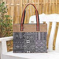 Leather-Accented Patchwork Tote Bag,'Chill Night in Black'