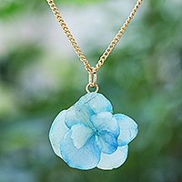 Gold-plated hydrangea petal pendant necklace, 'Wild Hydrangea in Blue'