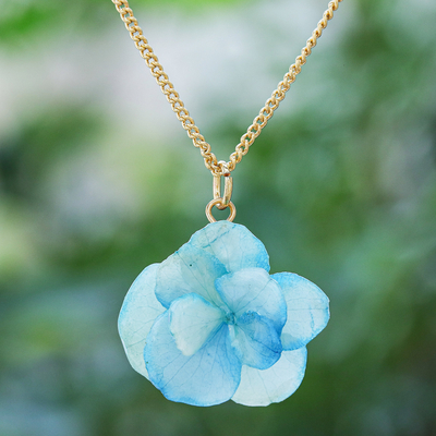 Gold-plated hydrangea petal pendant necklace, Wild Hydrangea in Blue