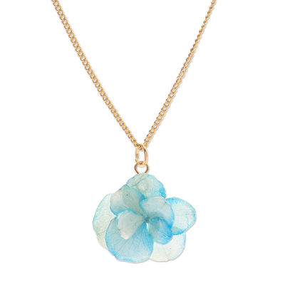 Gold-Plated Blue Hydrangea Petal Pendant Necklace