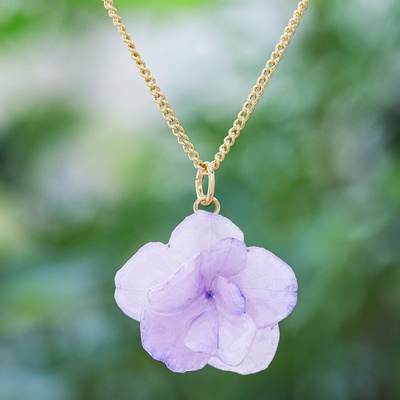 Gold-plated hydrangea petal pendant necklace, 'Wild Hydrangea in Purple' - Gold-Plated Purple Hydrangea Petal Pendant Necklace