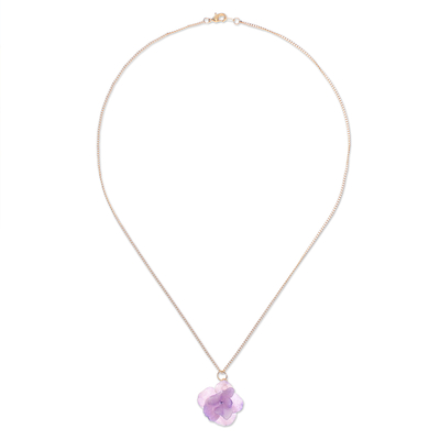 Gold-plated hydrangea petal pendant necklace, 'Wild Hydrangea in Purple' - Gold-Plated Purple Hydrangea Petal Pendant Necklace
