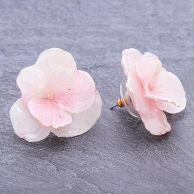 Pendientes botón pétalos de hortensia - Aretes de botón con pétalos de hortensia de Tailandia