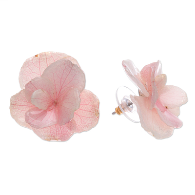 Pendientes botón pétalos de hortensia - Aretes de botón con pétalos de hortensia de Tailandia