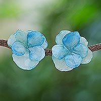 Natural flower post earrings, 'Azure Hydrangea' - Thai Resin Coated Blue Hydrangea Bloom Post Earrings