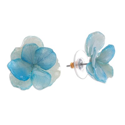 Pendientes poste flor natural - Pendientes de poste de flor de hortensia azul recubiertos de resina tailandesa