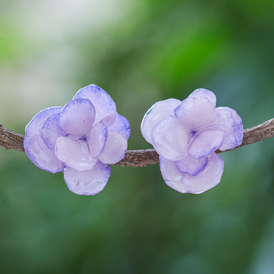 Pendientes poste flor natural - Pendientes de poste de flor de hortensia morada recubierta de resina tailandesa