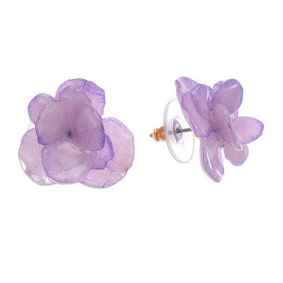 Natural flower post earrings, 'Purple Hydrangea' - Thai Resin Coated Purple Hydrangea Bloom Post Earrings