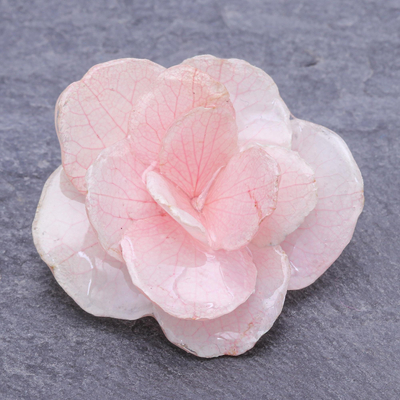Natural flower brooch pin, 'Pale Pink Hydrangea' - Thai Resin Coated Natural Pink Hydrangea Bloom Brooch Pin