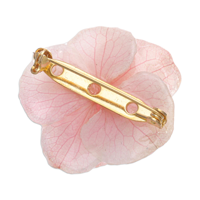 Natural flower brooch pin, 'Pale Pink Hydrangea' - Thai Resin Coated Natural Pink Hydrangea Bloom Brooch Pin