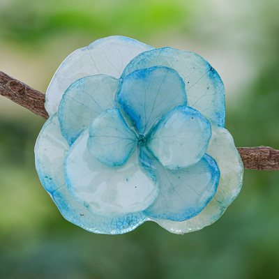 Natural flower brooch pin, 'Pale Blue Hydrangea' - Thai Resin Coated Natural Blue Hydrangea Brooch Pin