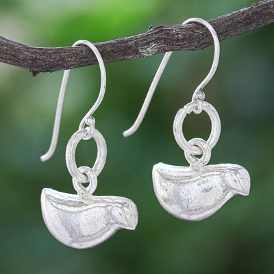 Silver dangle earrings, 'Bird Brain' - Karen Silver Dangle Earrings with Bird Motif