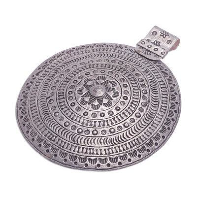 Silver pendant, 'Tribal Charm' - Oxidized 950 Silver Circular Pendant with Thai Tribal Motifs