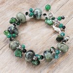 Multi-gemstone beaded bracelet, 'Green Cornucopia' - Cultured Pearl and Serpentine Beaded Bracelet