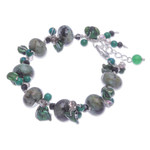 Multi-gemstone beaded bracelet, 'Green Cornucopia' - Cultured Pearl and Serpentine Beaded Bracelet