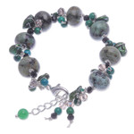 Multi-gemstone beaded bracelet, 'Green Cornucopia' - Cultured Pearl and Serpentine Beaded Bracelet